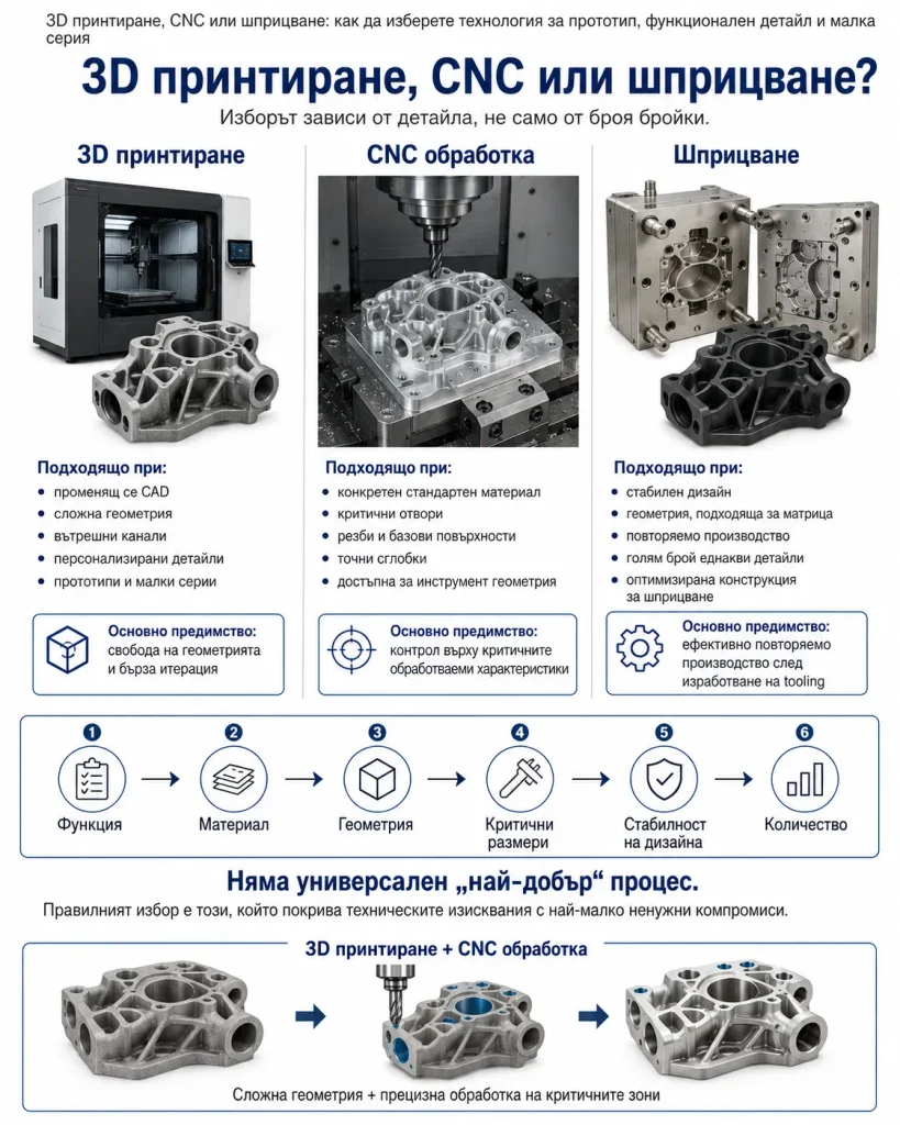 Инфографика, сравняваща 3D принтиране, CNC обработка и шприцване според функция, материал, геометрия, критични размери, стабилност на дизайна и количество.