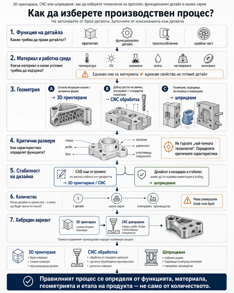 Инфографика за избор между 3D принтиране, CNC обработка и шприцване според функция, материал, геометрия, критични размери и количество