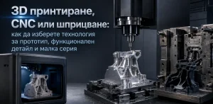 Сравнение между 3D принтиране, CNC обработка и шприцване при производство на прототипи, функционални детайли и малки серии.