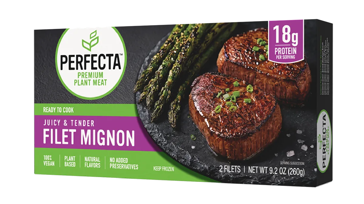 Опаковка Perfecta Filet Mignon с растителни стекове и аспержи — илюстрация към темата за 3D принтирания стек